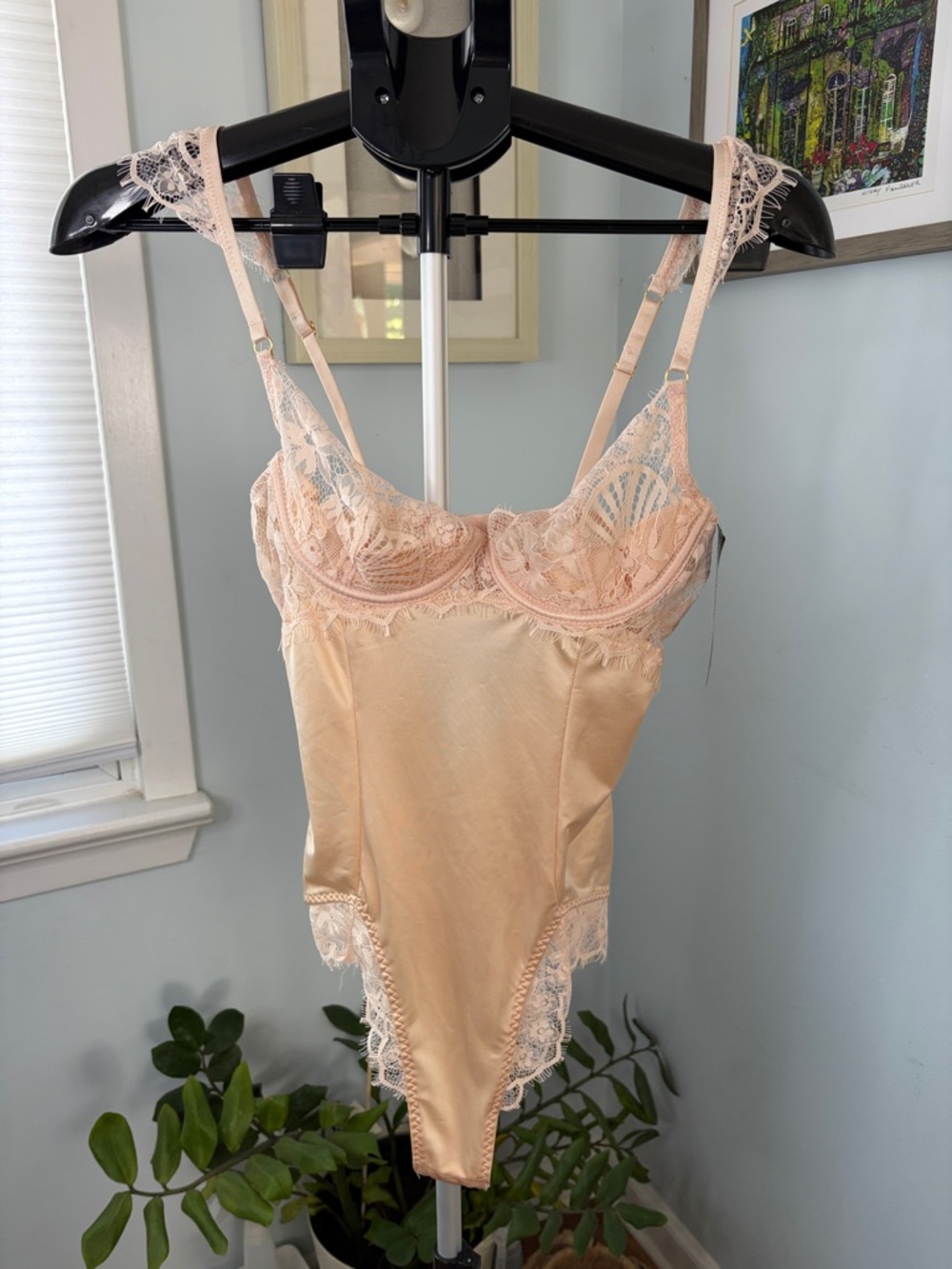 Flirty Sleepover Satin Lace Teddy Bodysuit S Peach